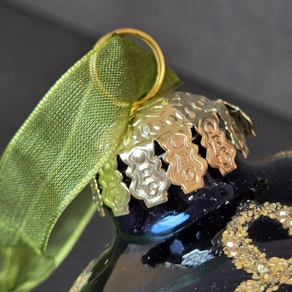 Frontgate Blue Gold Glitter Swirl Glass Ornament 4 Inch Hand Decorated Holiday - Picture 6 of 8